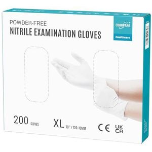 EUROPAPA® Wegwerphandschoenen, nitrilhandschoenen, poedervrij, onderzoekshandschoenen, EN455 EN374, latexvrij, wegwerphandschoenen, verkrijgbaar in de maten S, M, L en XL, 200 stuks (XL, Wit)