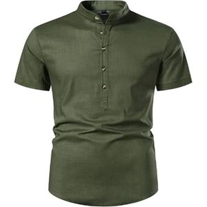 Heren Casual Katoenen Linnen Overhemd Met Korte Mouwen Zomer Lichtgewicht Bandkraag Strandtops(Army green,XXL)