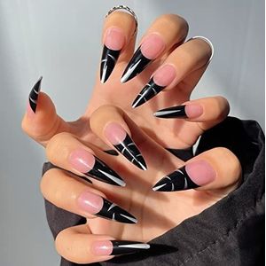 24 stuks bloem stiletto nepnagels lange, groene Franse patronen, mooie amandel voor vrouwen, acryl extra lange kunstnagels lang voor nail art zwart en stiletto5