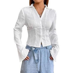 dames topjes Effen overhemd met uitlopende mouwen en knopen aan de voorkant - Casual overhemd met lange mouwen, contrasterend kant en kraag (Color : Wei�, Size : L)
