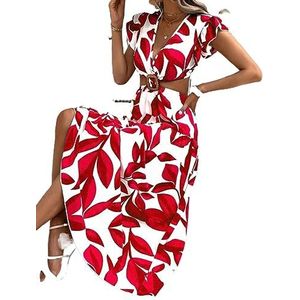 jurken voor dames Jurk met bladprint en vlindermouwen zonder riem (Color : rood, Size : L)