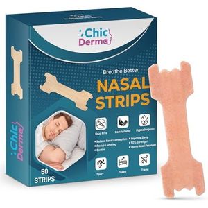Chic Derma Neusstrips voor snurken, 50 stuks, neusstrips om snurken te stoppen en ondersteuning van de luchtstroom, neusverstopping, anti-snurkstrips voor mannen en vrouwen, neusband voor sport en