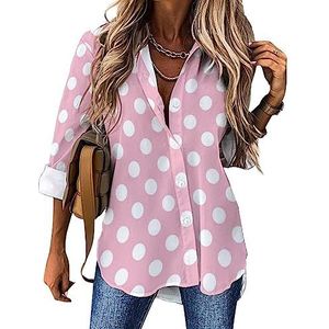 Roze Polka Dots Casual Shirt Button Down Lange Mouw V-hals Blouses Tuniek voor Leggings