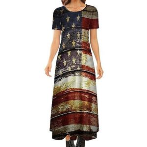 Amerikaanse houten vlag dames zomer casual korte mouw maxi-jurk ronde hals bedrukte lange jurken 5XL