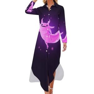 Kawaii roze Axolotl maxi-jurk voor dames, lange mouwen, knoopsluiting, casual feestjurk, lange jurk, 5XL