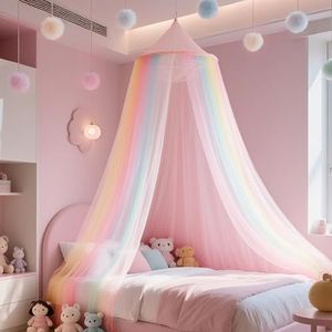 Diealles Shine Bedhemel voor meisjes, regenboog baldakijn kinderkamer, hangend muggennet bed, vliegennet muggennet voor op reis en thuis, binnen en buiten