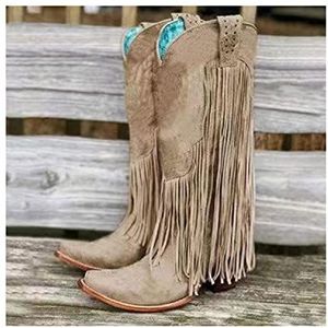 Cowboylaarzen voor dames Westernlaarzen met kwastjes Vintage halfhoge laarzen Wandelschoenen met lage hakken,Khaki-41