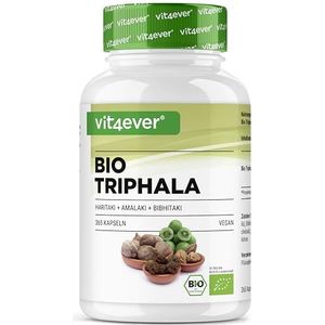 Biologische Triphala - Hooggedoseerd met 2000 mg (500 mg per capsule) - 365 capsules - Triphala poeder uit India: Haritaki, Amalaki, Bibhitaki - Zonder toevoegingen - Veganistisch