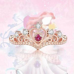 Kroon sierlijke ringen voor tiener meisjes vrouwen luxe kristal Moissanite Vintage sprookje Ring kerst sieraden -5-Mei rood