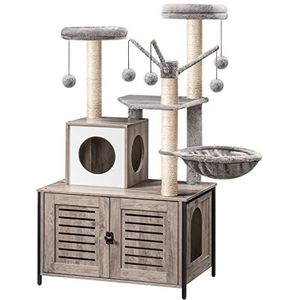 HOOBRO Krabpaal, Kattenboom met Kattenbak, 2-in-1 Moderne Kattentoren, Krabpalen, Baars, Wasbare Kussens, Grijs Beige EBG14MZ03