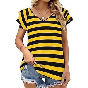 Bee Geel Zwarte Strepen Dames Casual Tuniek Tops Ruche Korte Mouw T-shirts V-hals Blouse Tee