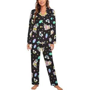 Cavia Eenhoorns Regenbogen Vrouwen Lange Mouw Button Down Nachtkleding Zachte Nachtkleding Lounge Pyjama Set S