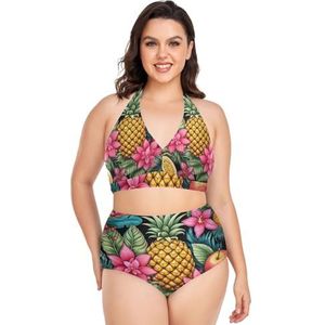 Artistieke Tropische Fruit Ananas Vrouwen Bikini Sets Plus Size Badpak Twee Stukken Hoge Taille Strandkleding Meisjes Badpakken, Pop Fashon, L