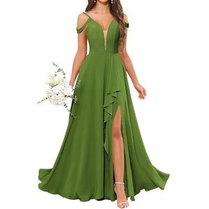 HPPEE Avondjurk voor dames, V-hals, blote schouders, bruidsmeisjesjurk met split en ruches, Olijfgroen, 32