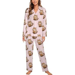 Leuke Rode Panda Lange Mouw Pyjama Sets Voor Vrouwen Klassieke Nachtkleding Nachtkleding Zachte Pjs Lounge Sets