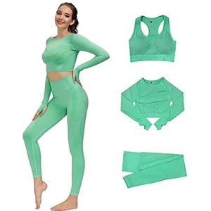 Donykarry 3-delige gymsets voor dames. Naadloos trainingspak voor dames, volledige set voor training, hardlopen of yoga. Sportkleding legging en stretch sportbeha, jumpsuit set, Groen, L