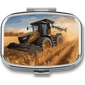 Boerderij Tractor Oogst Pillendoos voor Pocket Vierkante Pillendoos 2 Compartiment Decoratieve Draagbare Reizen Pil Houder Tablet Vitamine Organizer Mini Pil Case