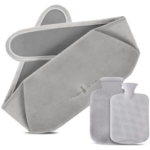 Votoko Warmwaterkruik, 1.2 liter rubberen warmwaterflesriem met zachte pluche tailleband, 3-in-1 warmwaterfles riem voor nek, schouder, rug, benen en tailleverwarming, voor pijnverlichting, grijs