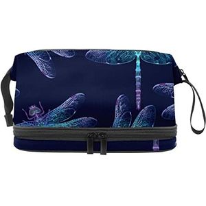 Dubbellaags cosmetische tas blauw en paars libellen draagbare make-up tas reizen organisator zakje voor vrouwen meisjes toiletartikelen tassen, Meerkleurig, 27x15x14 cm/10.6x5.9x5.5 in, Make-up zakje