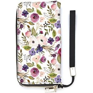 Roze En Paars Wildflower Womens Portemonnee Lederen Bifold Portemonnee Creditcard Clutch met Rits Pocket Polsband Handtas Gift voor Mannen