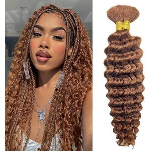 Braiding hair， Braziliaanse Remy Human Hair Extensions Diepe Golvende Boho Vlechten,Human hair braiding hair(Brownish yellow,1pcs 24inch)