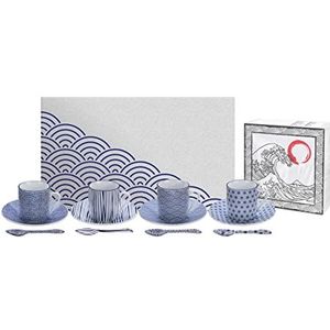 TOKYO design studio Nippon Blue espressoset blauw-wit, 12-delig, 4x espresso-kopjes met schoteltjes en lepels, Aziatisch porselein, Japans design, incl. geschenkverpakking