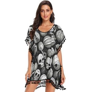 KAAVIYO Abstracte Schedel Basketbal Vrouwen Strand Cover Up Chiffon Kwastje Badmode Badpak Cover, Patroon, M