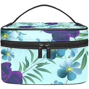 Dierenschildpad cartoon zeeschildpad patroon make-up tas voor vrouwen meisjes cosmetische tassen met handvat reizen make-up organizer tas, Blauw Paars Bloemenpatroon Groene Bladeren Aquarel, 8.9x5.9x5.4 Inches, Make-up zakje