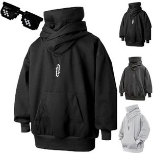 Fall Unisex Oversized Hip-Hop Hoodies, Ninja Double Neckline Cotton Hip Hop Hoodie Sweatshirt for Men Women (XXL,Black)