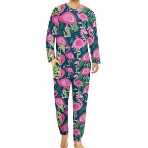 Palm Bladeren Flamingo Comfortabele Heren Pyjama Set Ronde Hals Lange Mouw Loungewear met Zakken M