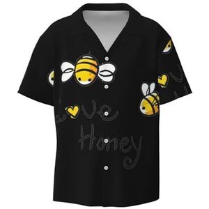 Bee Love Honey Print Button Down Shirt voor heren, korte mouwen, casual shirt voor heren, zomer, zakelijk, casual overhemd, Zwart, S
