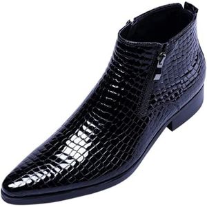 Men's Ankle Patent Leather Fashion Plaid Zipper Pointed Toe Casual Boots Blue (Color : Black, Size : EU 38)