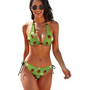 Lieveheersbeestjes met bloemen dames 2-delige bikiniset driehoekige badmode halter string badpakken met stropdas kant XL