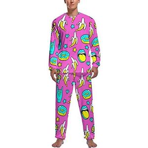 Neon Kleuren Bananen Donuts Zachte Heren Pyjama Set Comfortabele Lange Mouw Loungewear Top En Broek Geschenken 2XL