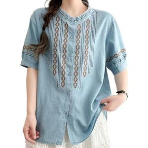 QOUERUUE Dames Denim Tops Button Down Geborduurd Korte Mouw Ronde Hals Casual Geklede Zomer Jean Shirt,Light blue,L