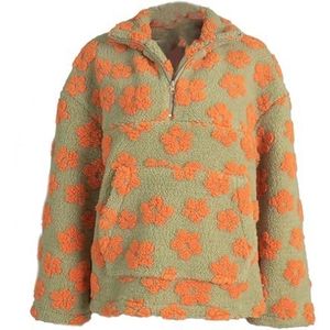 Dames Floral Sherpa Pullover Kwart Rits Oversized Fleece Jas Met Zakken Y2K Stijl(Green-orange,XXL)