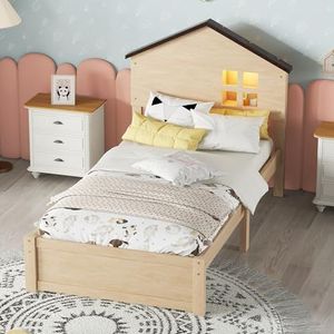 Aunvla 90 x 200 cm huisvormig kinderbed, plat bed, kleine raamdecoratie, led-nachtlampje, massief hout, natuur