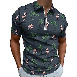 Roze flamingo vogels en palmbomen heren poloshirt golf T-shirt met rits korte mouw casual T-shirt spiertops S