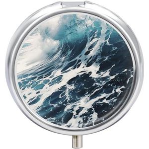 Seaside Waves pillendoos 3 compartimenten reispillenorganizer 3 keer per dag schattige mini-pillenetui voor portemonnee en zak, draagbare metalen medicijndoos met spiegel, ronde dagelijkse