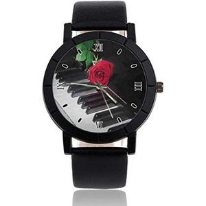 Piano Toetsenbord Rose Bloemen Gepersonaliseerde Custom Horloge Casual Zwart Lederen Band Polshorloge Voor Mannen Vrouwen Unisex Horloges, Zwart, riem