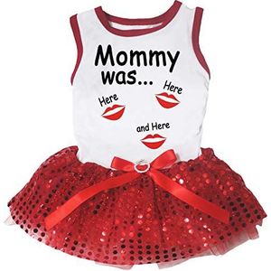 Petitebelle mama was hier wit shirt rode Tutu puppy hond jurk, Medium, Red Sequins Tutu