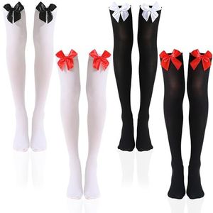 4 Paar Overknees Kousen met Strik, Stretchy strikkousen voor dames, Wit Zwart Overknees Knie Hoge Kousen Strik voor Carnaval Halloween Themafeest