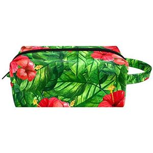 Make-uptas voor dames,lederen make-uptas,reistas voor make-uptas,Rode bloemen tropische bladeren Afdrukken