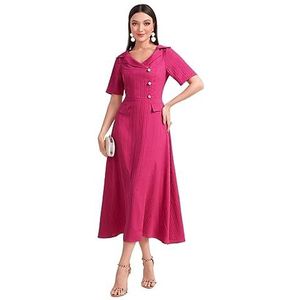 jurken voor dames Jurk met flap aan de voorkant en knopen | Elegante uitlopende lange jurk met korte mouwen en hoge taille met A-lijn revers (Color : Hot Pink, Size : Small)