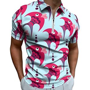 Roze Cartoon Fish Heren Polo Shirt met Rits T-shirts Casual Korte Mouw Golf Top Classic Fit Tennis Tee