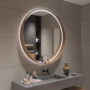 Houten Frame Ronde LED Badkamer Spiegel, Verlichte Wand Opgezette Vanity Spiegel, Make-up Spiegel Met Touch Sensor, 3-Kleur Dimbaar LED Licht, IP44 (Color : Wood color, Size : 50CM)