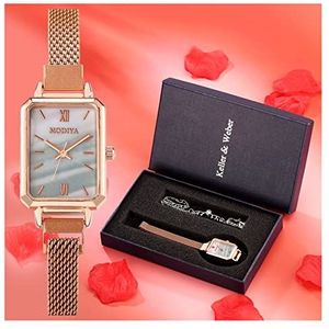 Dames Horloges Mode Vierkante Dames Quartz Horloge Armband Set Groene Dial Simple Rose Gold Mesh Luxury Women Watches (Color : Watch bracelet 130)