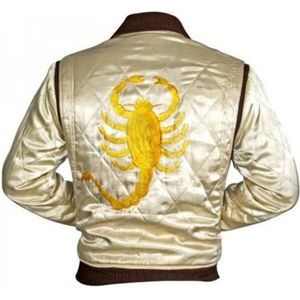 Superior Leather Garments Drive Trucker jas voor heren met ivoorkleurige satijnen stof met gouden borduurwerk van een schorpioen, Ivoor, XXL