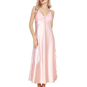 Dolamen Dames nachtjapon satijn, dames zachte zijdeachtige pyjama kant nachtkleding, luxe & sexy lingerie spaghetti riem babydoll chemise lang nachthemd maat 12; 14,16,18 enz., roze, XL