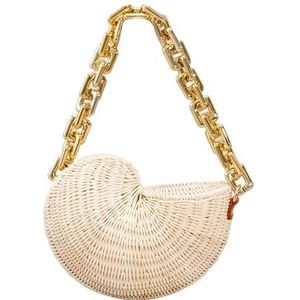 QYZXTH Conch Rotan Handtassen Shell Stro Zakken Voor Vrouwen Dikke Kettingen Schoudertas Rieten Geweven Strand Designer Tas Tote, Beige, About 23x10x18cm